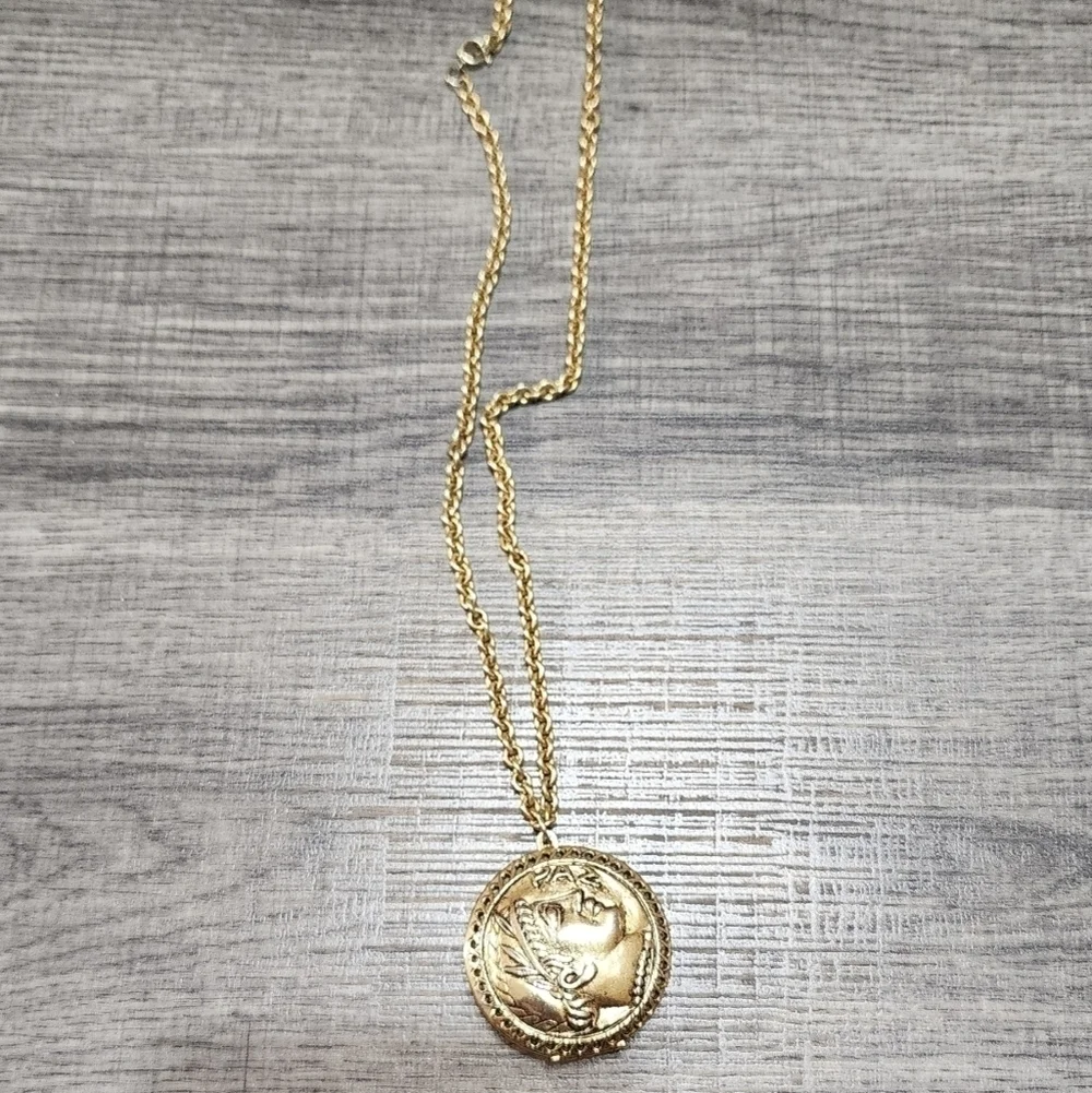 Vintage Roman Solider Coin Style Pendant Necklace, Gold Tone Locket